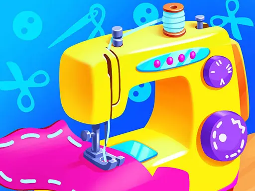Máquina de costura colorida costurando um tecido rosa em um fundo azul com ícones de tesoura e agulha. Imagem promocional do jogo infantil "Fashion Sewing Shop", onde crianças criam roupas para bonecas de forma virtual.